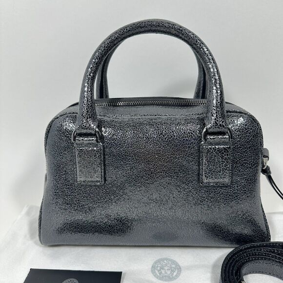 NWT Versace Virtus Black Metallic Textured Leather Top Handle Crossbody Bag - Picture 3 of 13